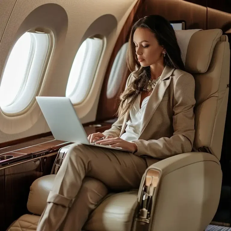 Custom luxury aircraft seating with window-side workspace — First Class MasterCraft aviation upholstery