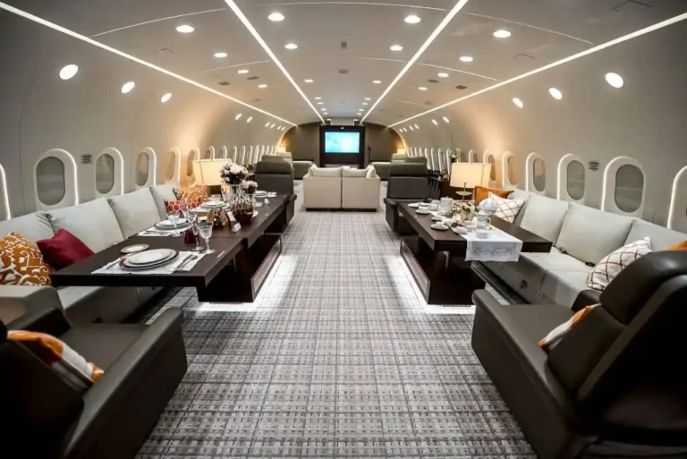 Luxury private jet interior — custom aviation upholstery by First Class MasterCraft