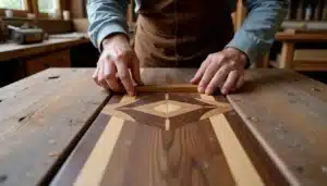 Precision veneer patching on mid-century coffee table