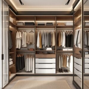 Closet interior with CNC-cut panels and soft-close drawers