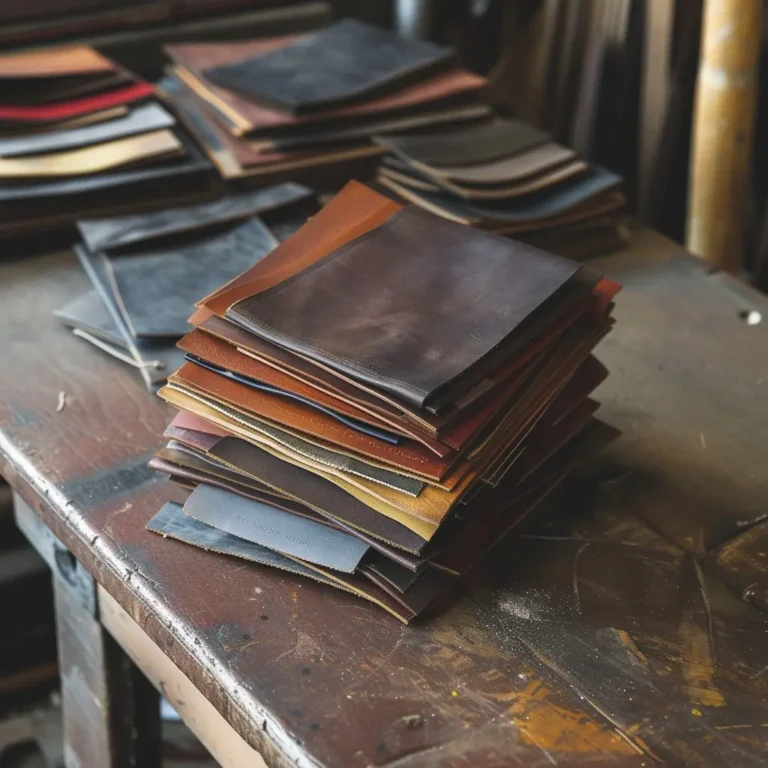 Assorted leather swatches in neutral and bold tones for upholstery selection