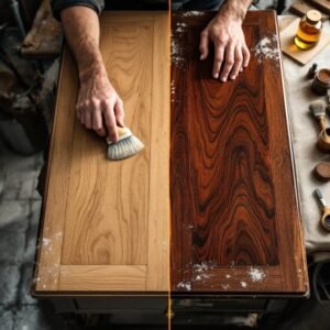 Craftsman applying stain sample on tabletop