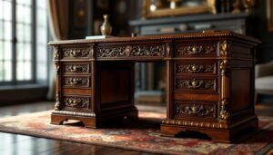Antique writing desk with restored leather inlay and polished woodgrain