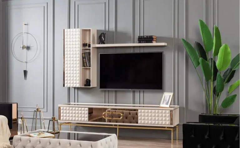 Custom TV console with wall-mounted overhead cabinet and integrated lighting