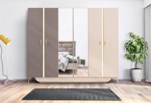 Painted cabinet fronts staged for drying and inspection