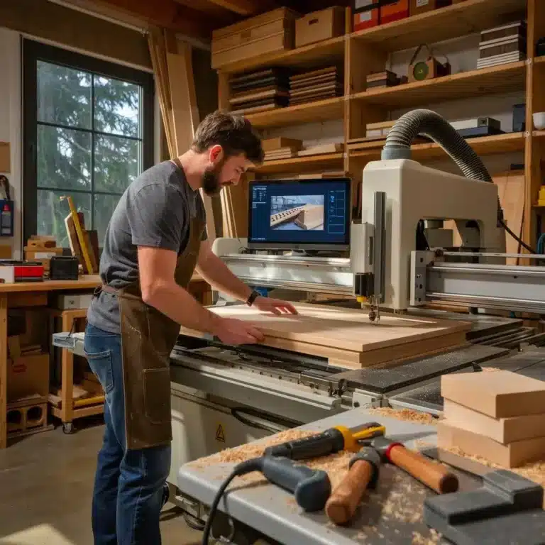 Technician calibrating CNC router for custom wood panel
