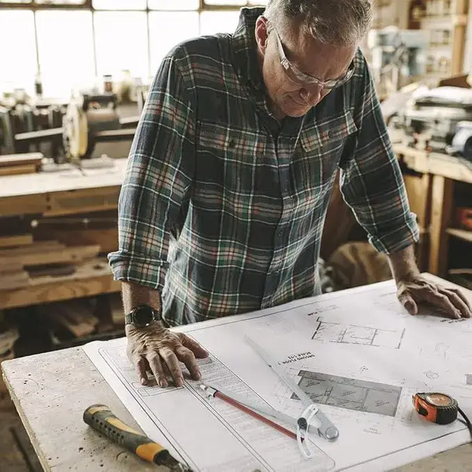 Team member inspecting drawing before operating CNC router for cabinet panel cutting