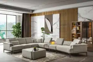 Reupholstered sectional with modular cushions and matched trim