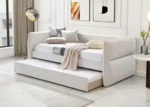 Custom upholstered daybed with matched piping