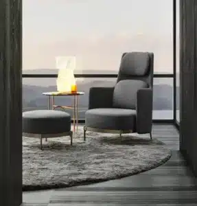 Custom upholstered armchair with matched piping and tailored seams