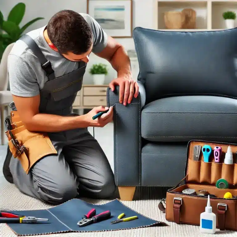 Team member repairing upholstered bench on-site at commercial property