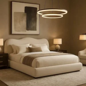 Custom headboard with vertical channeling and precision upholstery