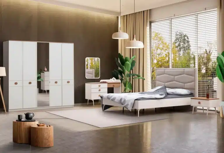 Luxury headboard with integrated lighting and matched fabric panels