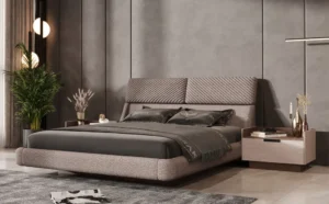 • Sculpted wood bed frame with hand-applied stain and lacquer