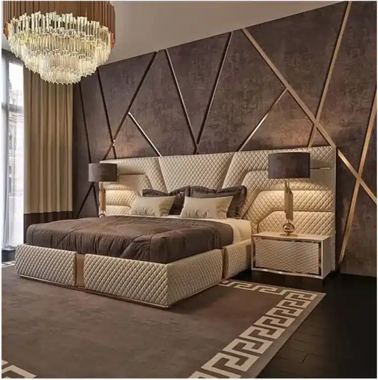 Luxury headboard with CNC-cut detailing and upholstered panels