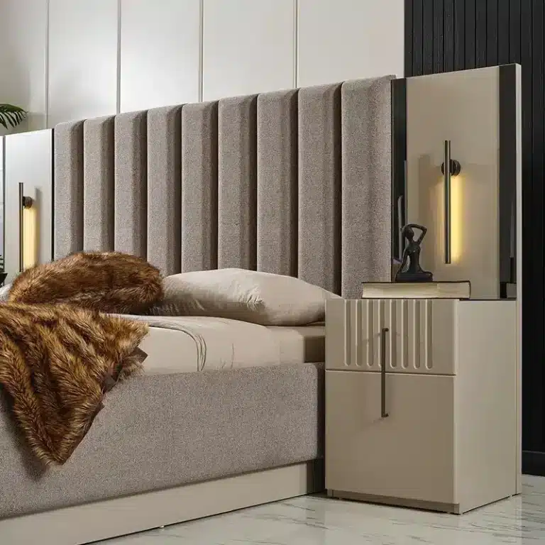 Upholstered bed frame with stitched corners and tailored fit