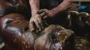 team member redyeing the damaged sofa arm